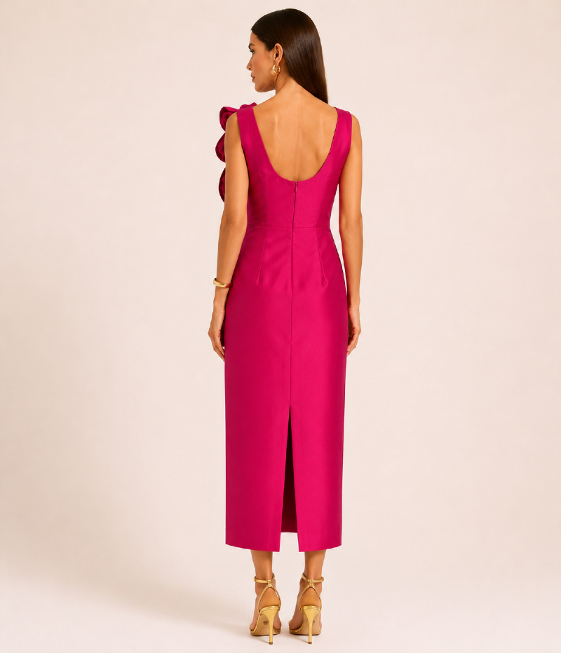 VESTIDO MIDI EM TAFETÁ RAYON COM FLORES APLICADAS 