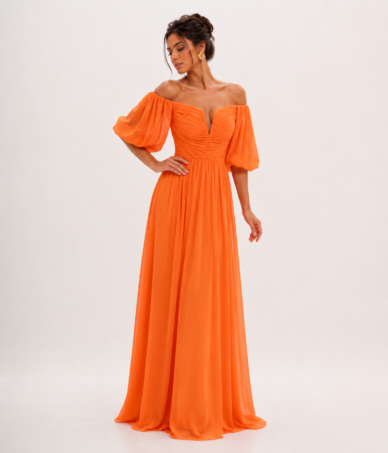 VESTIDO LONGO OMBRO A OMBRO EM CREPE FLUIDO