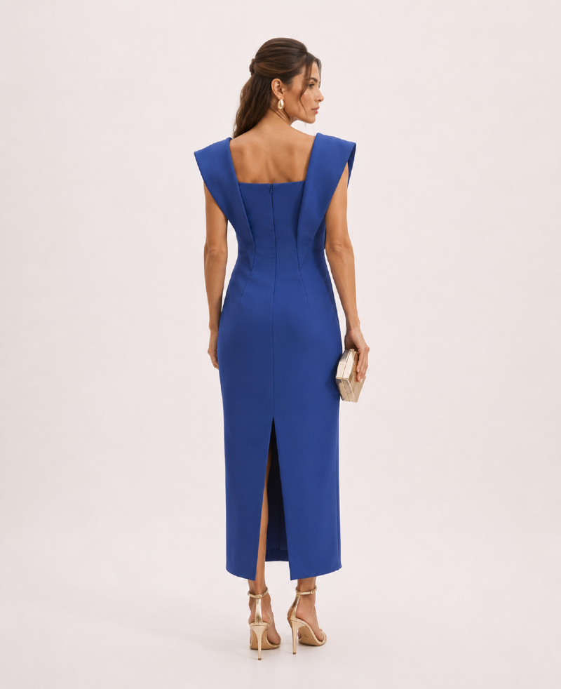 VESTIDO MIDI EM CREPE DE MALHA COM DETALHES ESTRUTURADOS