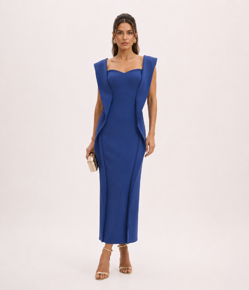 VESTIDO MIDI EM CREPE DE MALHA COM DETALHES ESTRUTURADOS