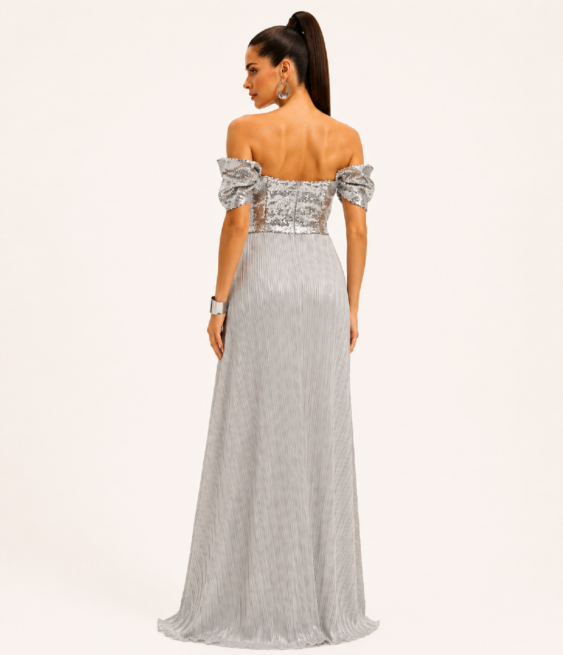 VESTIDO LONGO COM BUSTO EM PAETÊ E SAIA EM LUREX