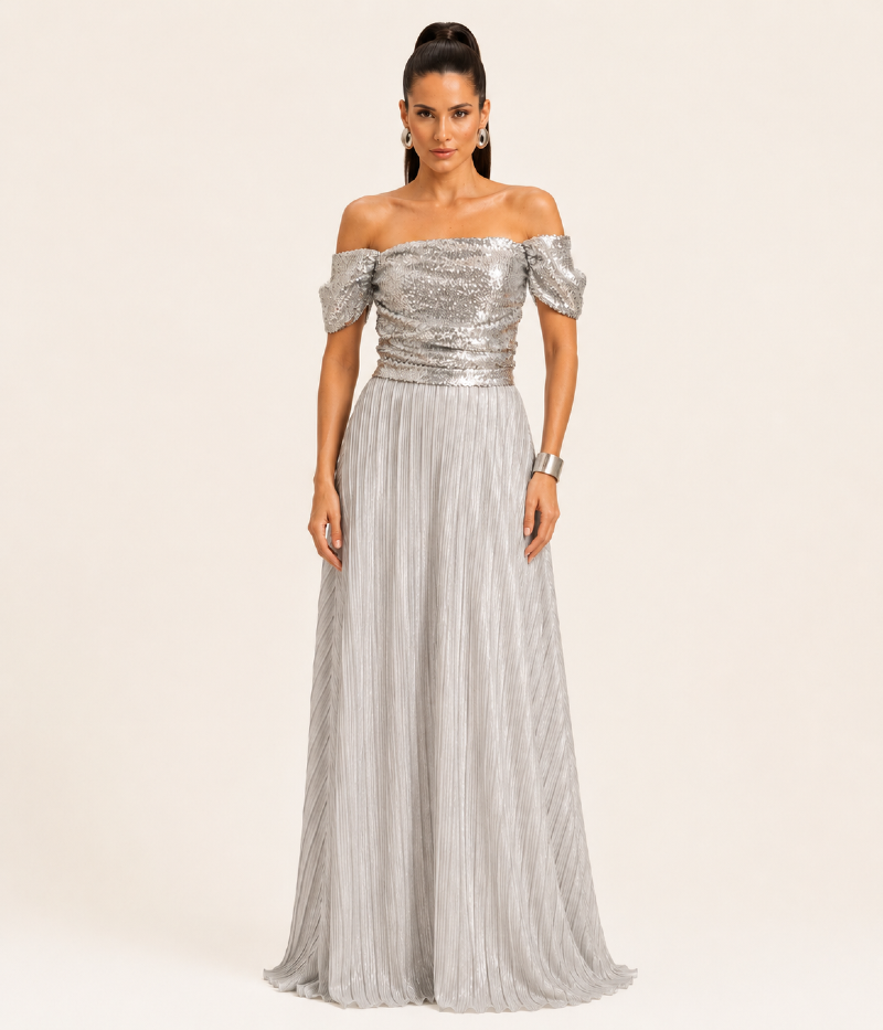 VESTIDO LONGO COM BUSTO EM PAETÊ E SAIA EM LUREX