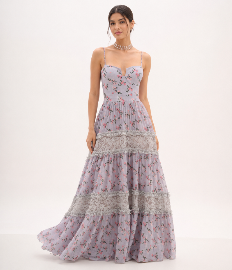 VESTIDO LONGO ESTAMPADO COM DETALHES EM RENDA