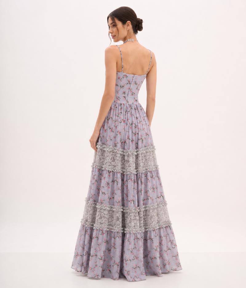 VESTIDO LONGO ESTAMPADO COM DETALHES EM RENDA