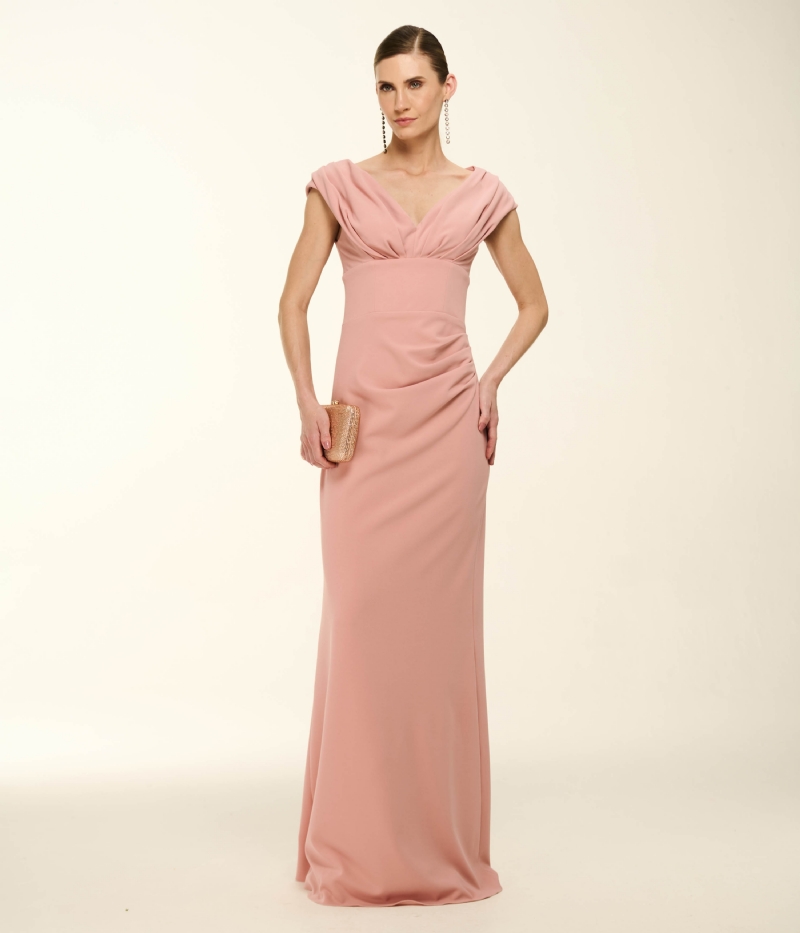 VESTIDO LONGO DE FESTA COM DECOTE DRAPEADO