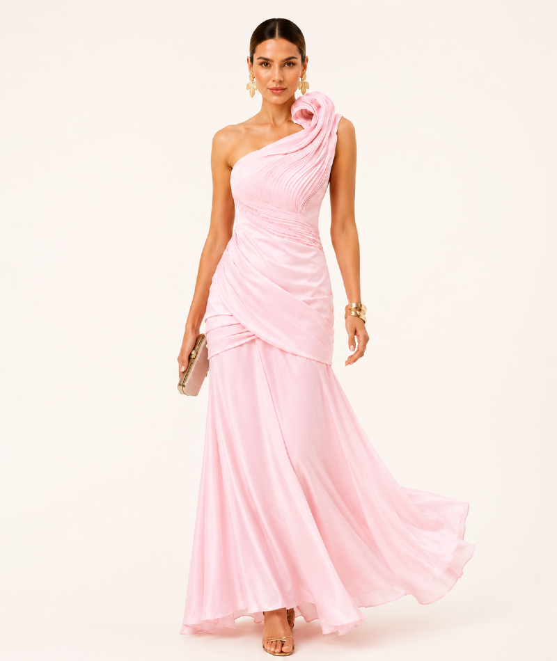 VESTIDO LONGO EM CETIM COM PLISSADO ESCULTURAL