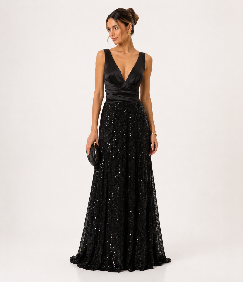 VESTIDO LONGO COM DECOTE V E SAIA EM PAETÊ