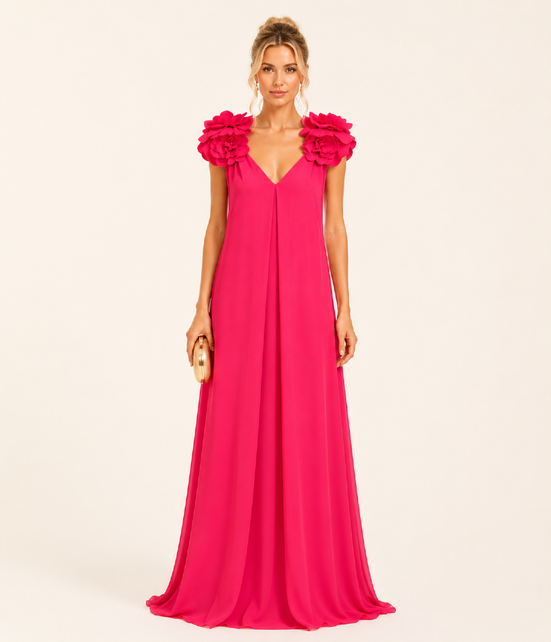 VESTIDO LONGO COM FLORES APLICADAS NOS OMBROS