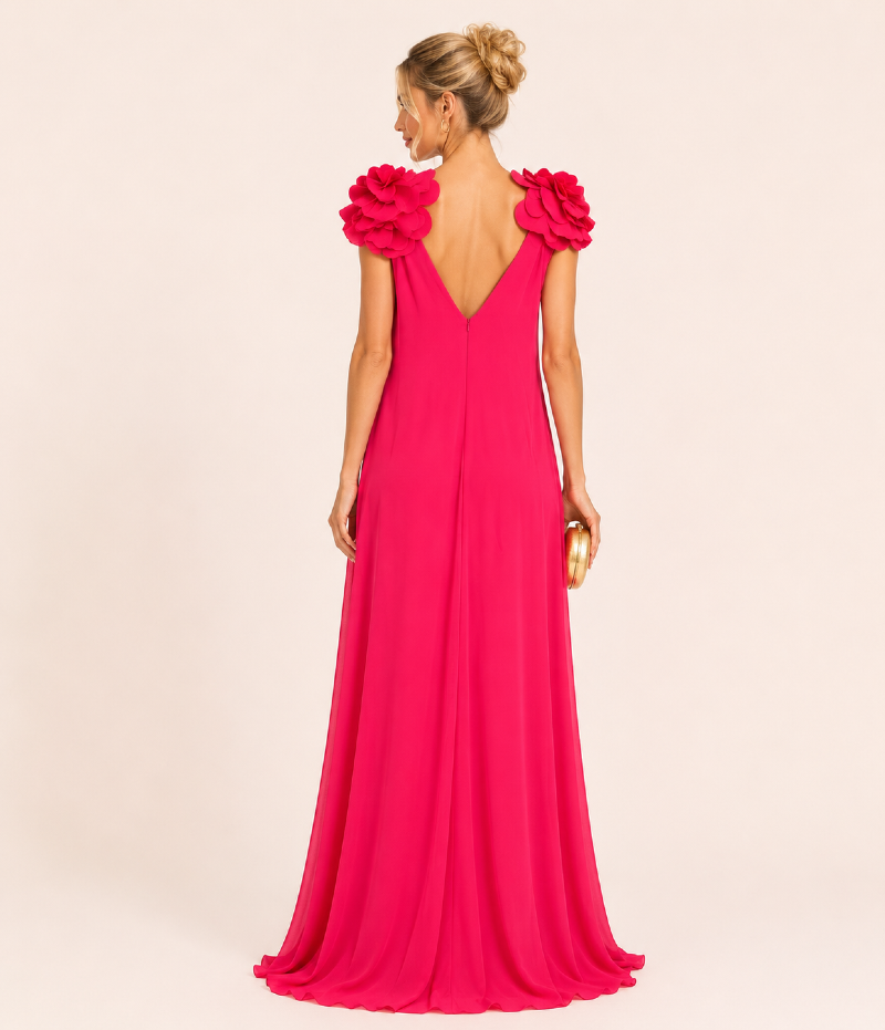 VESTIDO LONGO COM FLORES APLICADAS NOS OMBROS