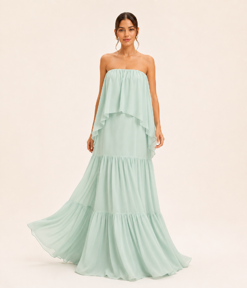 VESTIDO LONGO TOMARA QUE CAIA COM BABADOS