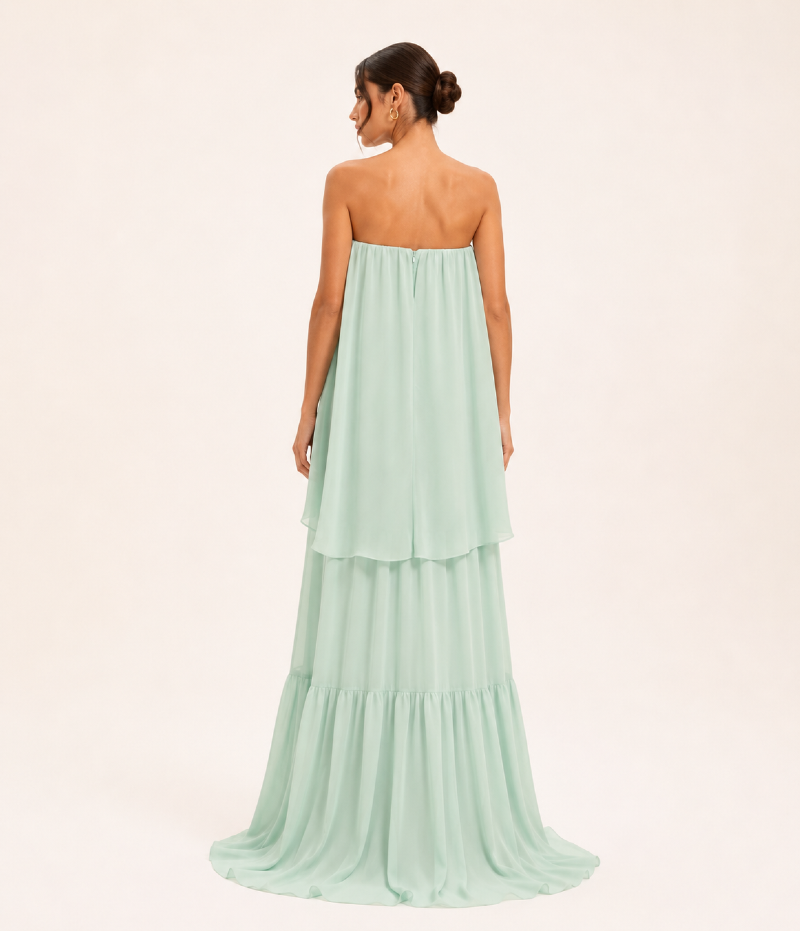 VESTIDO LONGO TOMARA QUE CAIA COM BABADOS