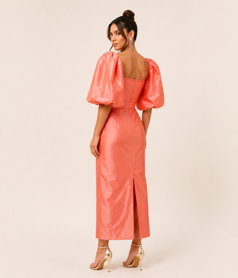 VESTIDO MIDI EM TAFETÁ COM MANGAS BUFANTES