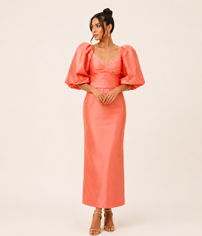 VESTIDO MIDI EM TAFETÁ COM MANGAS BUFANTES