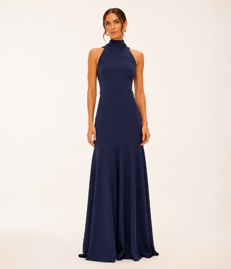VESTIDO LONGO EM CREPE DE MALHA COM GOLA ALTA E DECOTE NAS COSTAS