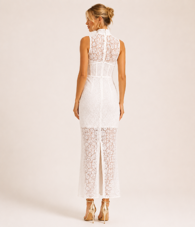 VESTIDO MIDI EM RENDA COM GOLA ALTA
