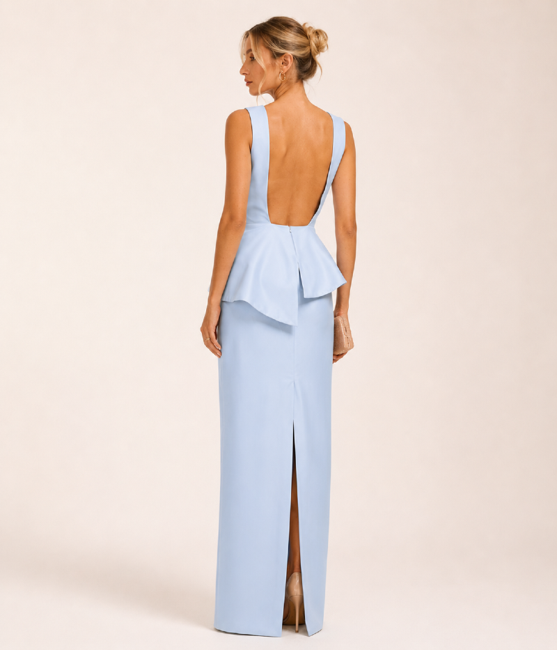 CONJUNTO ESTRUTURADO EM ZIBELINE COM TOP PEPLUM E SAIA LONGA