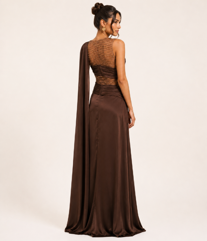 VESTIDO LONGO EM CETIM COM TULE BORDADO E DRAPEADOS