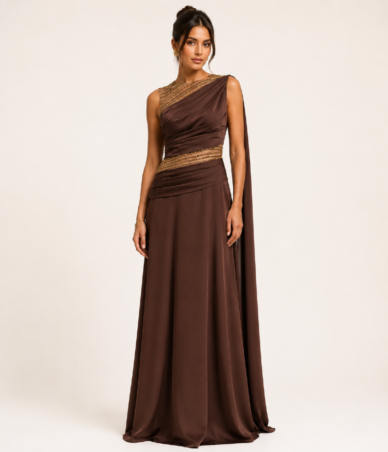 VESTIDO LONGO EM CETIM COM TULE BORDADO E DRAPEADOS