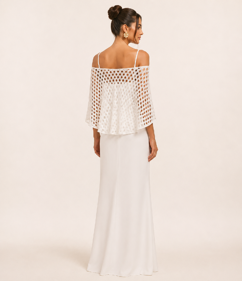 VESTIDO LONGO EM CREPE FLUIDO COM XALE EM TRICOT COM LUREX