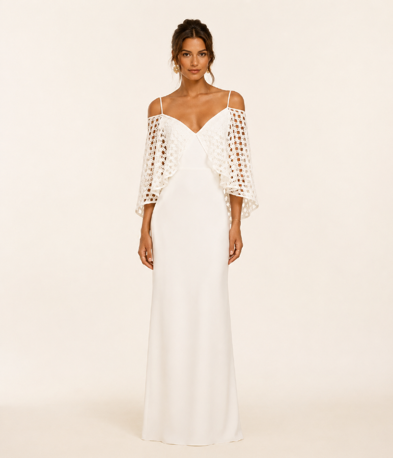 VESTIDO LONGO EM CREPE FLUIDO COM XALE EM TRICOT COM LUREX