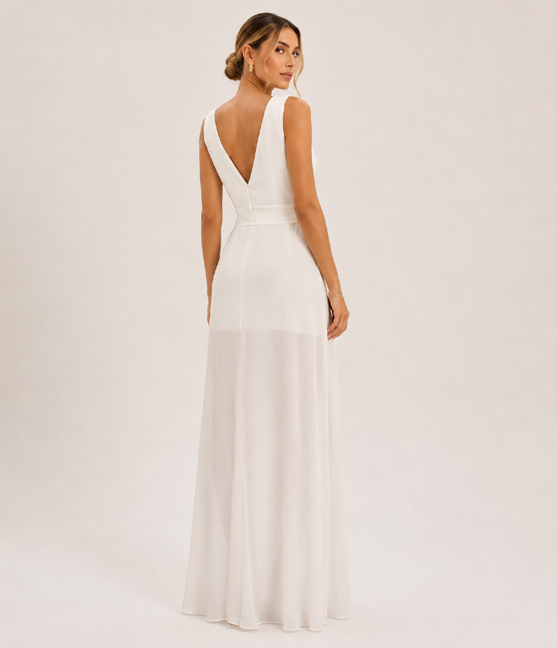 VESTIDO LONGO EM CREPE FLUIDO COM DECOTE PROFUNDO E SOBREPOSIÇÃO ASSIMÉTRICA