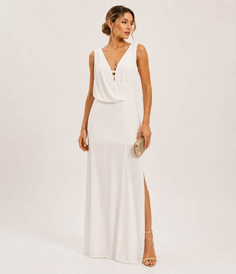 VESTIDO LONGO EM CREPE FLUIDO COM DECOTE PROFUNDO E SOBREPOSIÇÃO ASSIMÉTRICA