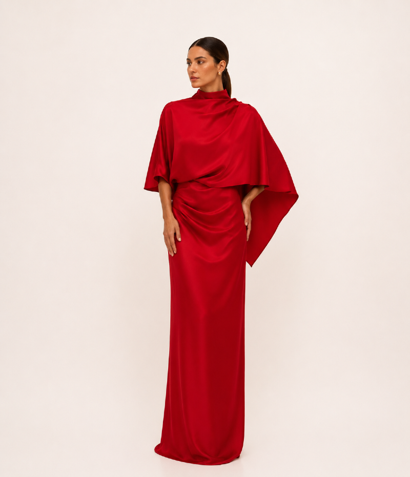 VESTIDO LONGO EM CETIM COM CAPA E GOLA ALTA