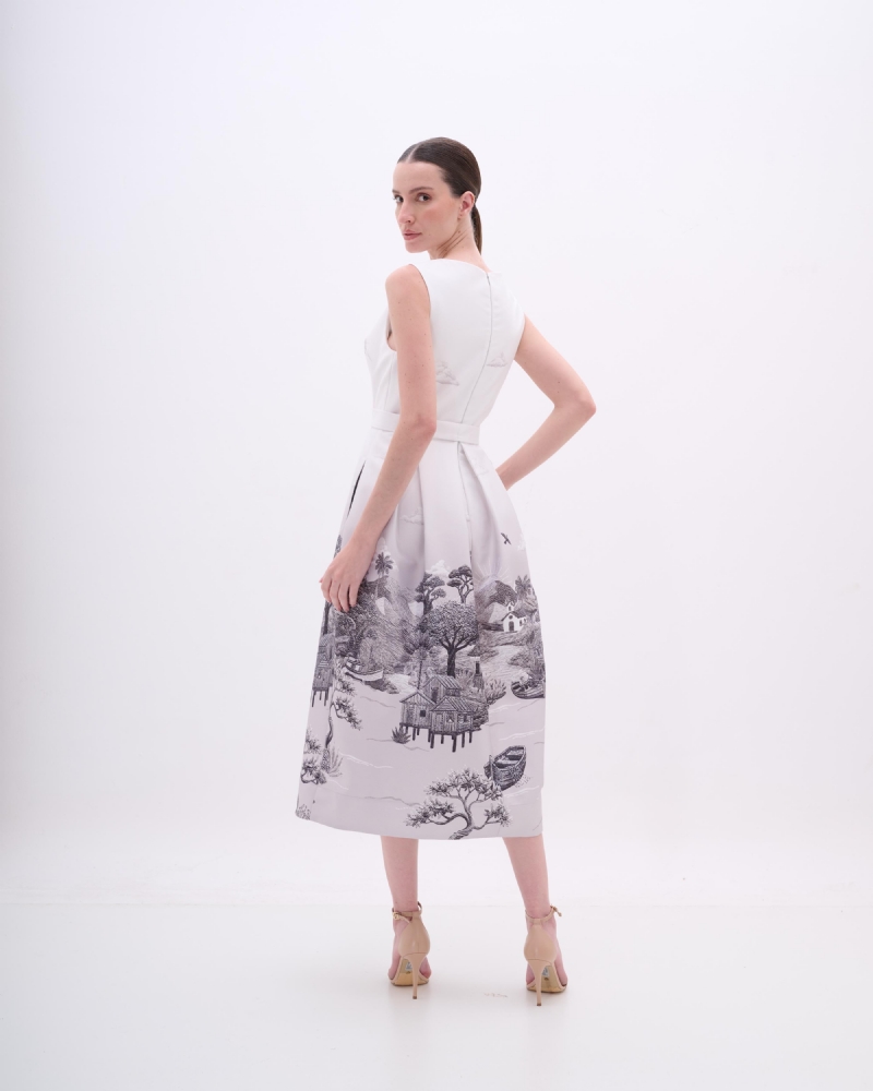 VESTIDO MIDI EM SARJA COM ESTAMPA RIBEIRINHA P&B