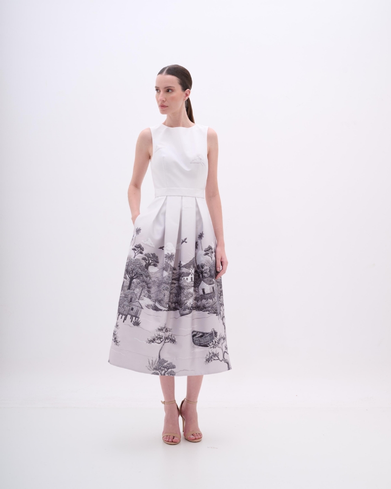 VESTIDO MIDI EM SARJA COM ESTAMPA RIBEIRINHA P&B