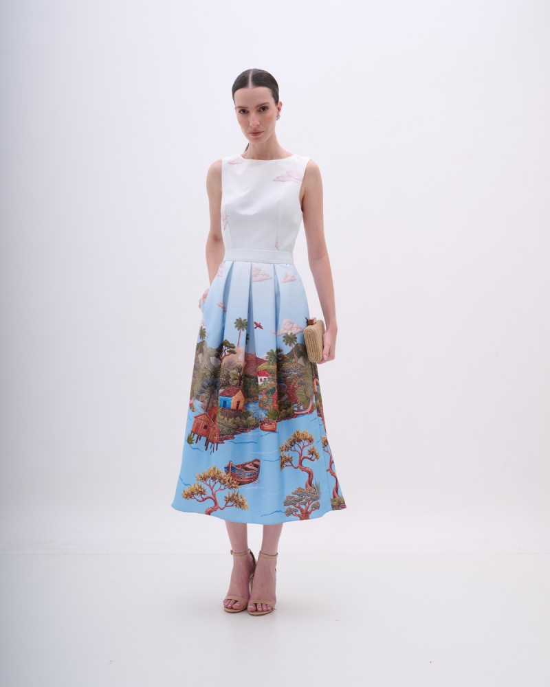 VESTIDO MIDI EM SARJA COM ESTAMPA RIBEIRINHA EXCLUSIVA