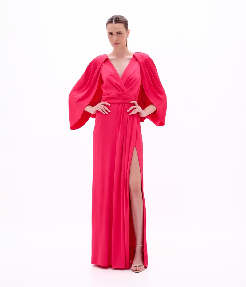 VESTIDO LONGO EM CETIM COM DECOTE V E MANGAS AMPLAS