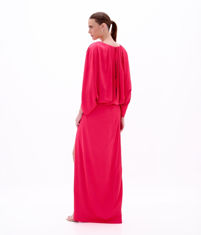VESTIDO LONGO EM CETIM COM DECOTE V E MANGAS AMPLAS