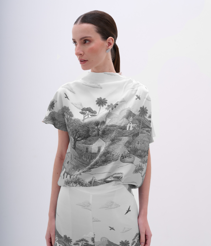 BLUSA CAROL ESTAMPA RIBEIRINHA EXCLUSIVA P&B
