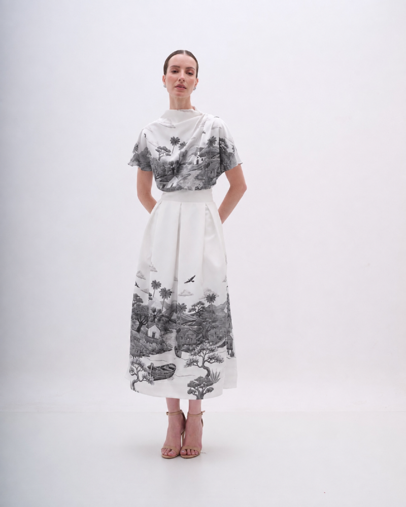 SAIA MIDI COM ESTAMPA RIBEIRINHA EXCLUSIVA P&B