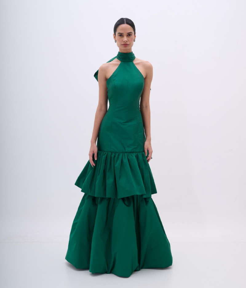 VESTIDO LONGO COM LAÇO E SAIA VOLUMOSA