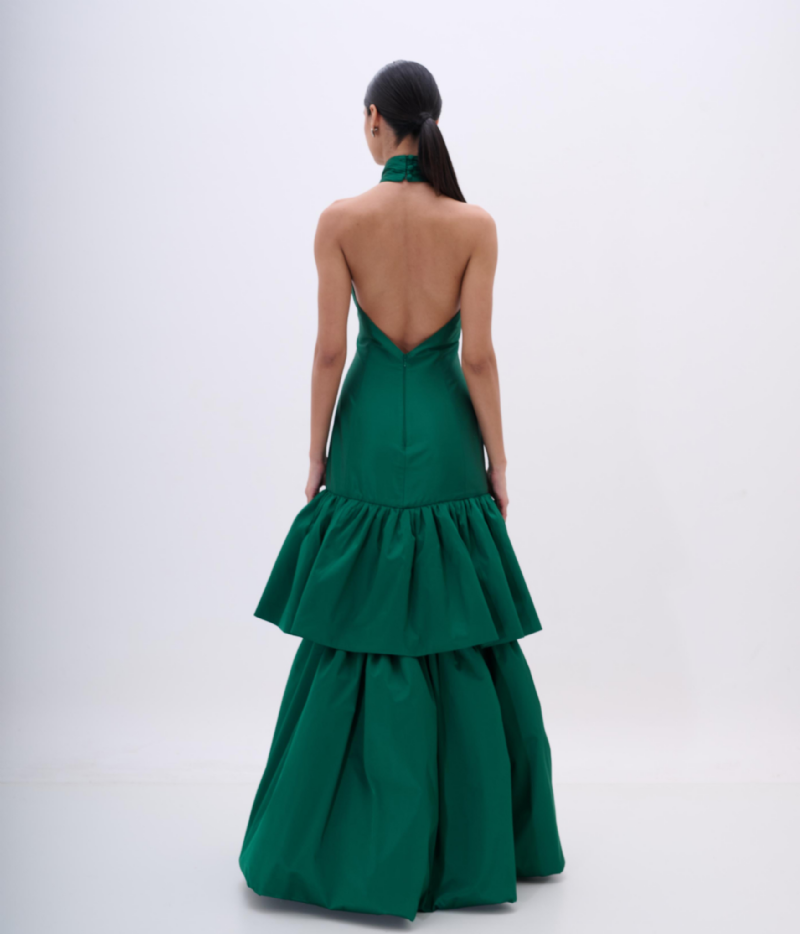 VESTIDO LONGO COM LAÇO E SAIA VOLUMOSA