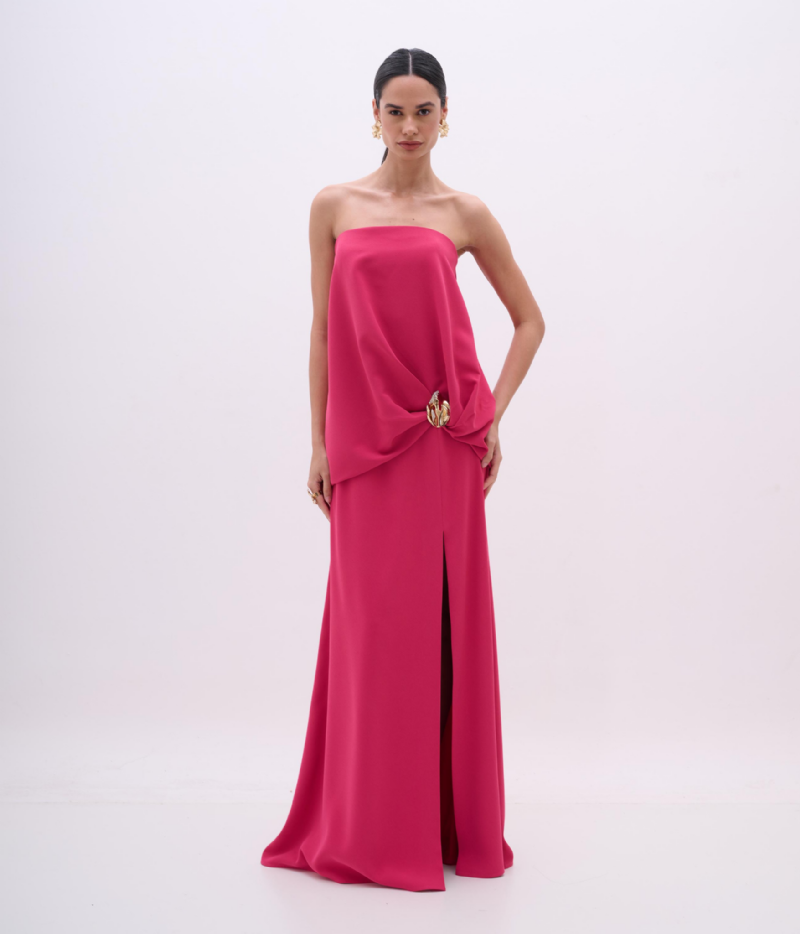 VESTIDO LONGO COM SOBREPOSIÇÃO BALONÊ E DETALHE METÁLICO - PRÉ VENDA