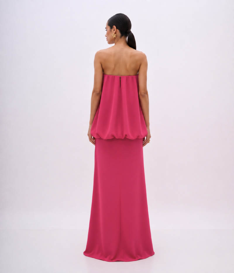 VESTIDO LONGO COM SOBREPOSIÇÃO BALONÊ E DETALHE METÁLICO - PRÉ VENDA