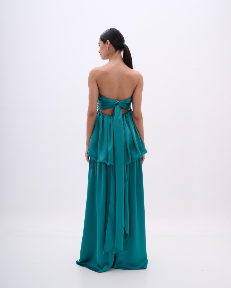 VESTIDO LONGO COM DRAPEADO E SOBREPOSIÇÃO BALONÊ - PRÉ VENDA