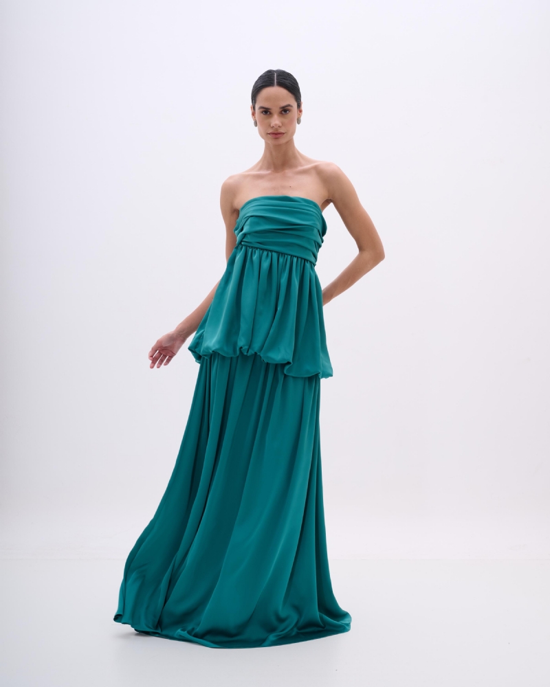 VESTIDO LONGO COM DRAPEADO E SOBREPOSIÇÃO BALONÊ - PRÉ VENDA