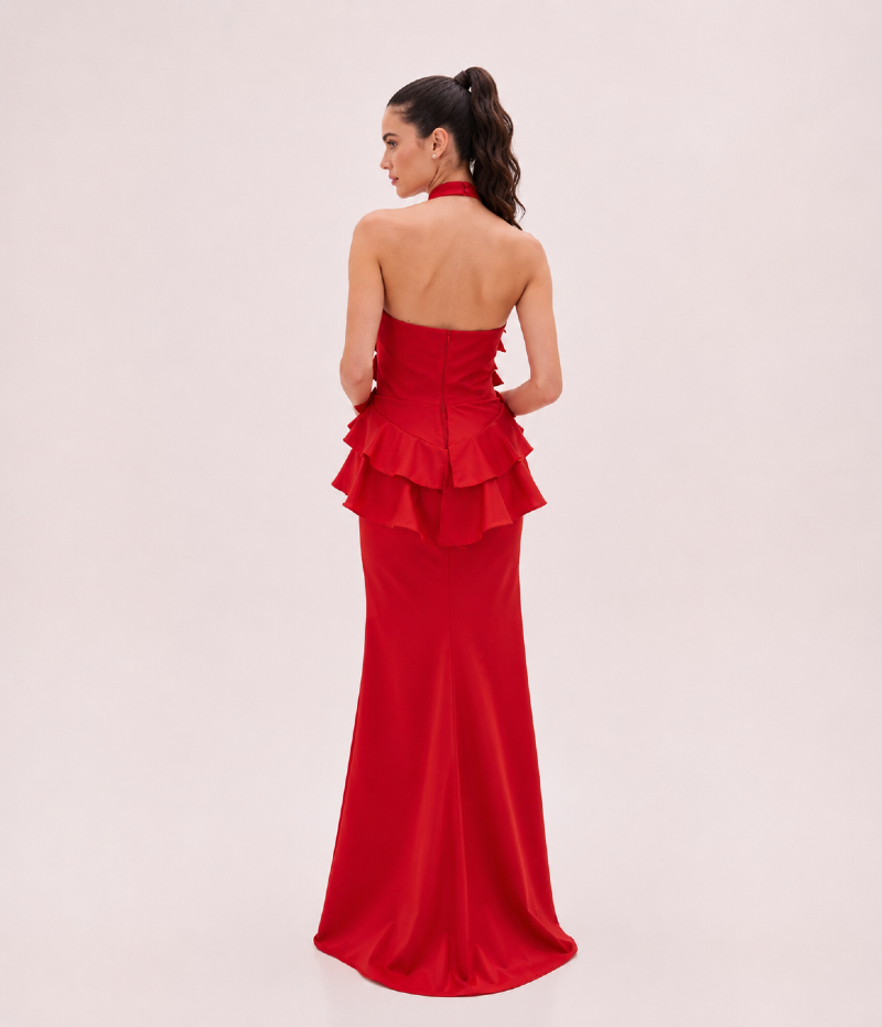 VESTIDO LONGO COM CAMADAS DE BABADOS E DECOTE HALTER - PRÉ VENDA