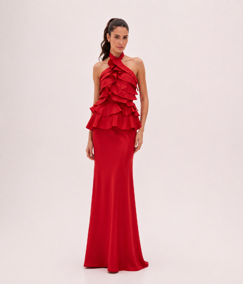 VESTIDO LONGO COM CAMADAS DE BABADOS E DECOTE HALTER - PRÉ VENDA