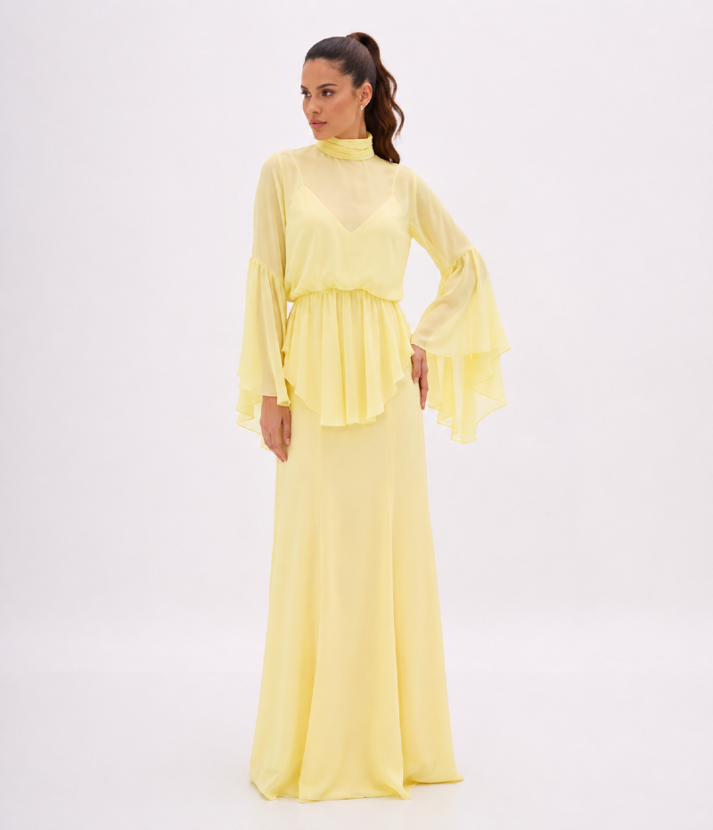 VESTIDO LONGO EM CHIFFON COM MANGAS FLUIDAS - PRÉ VENDA