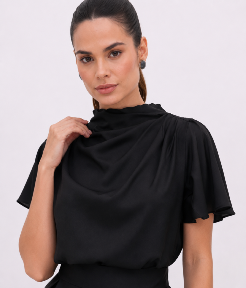 BLUSA CAROL EM CETIM COM GOLA ALTA E DRAPEADOS