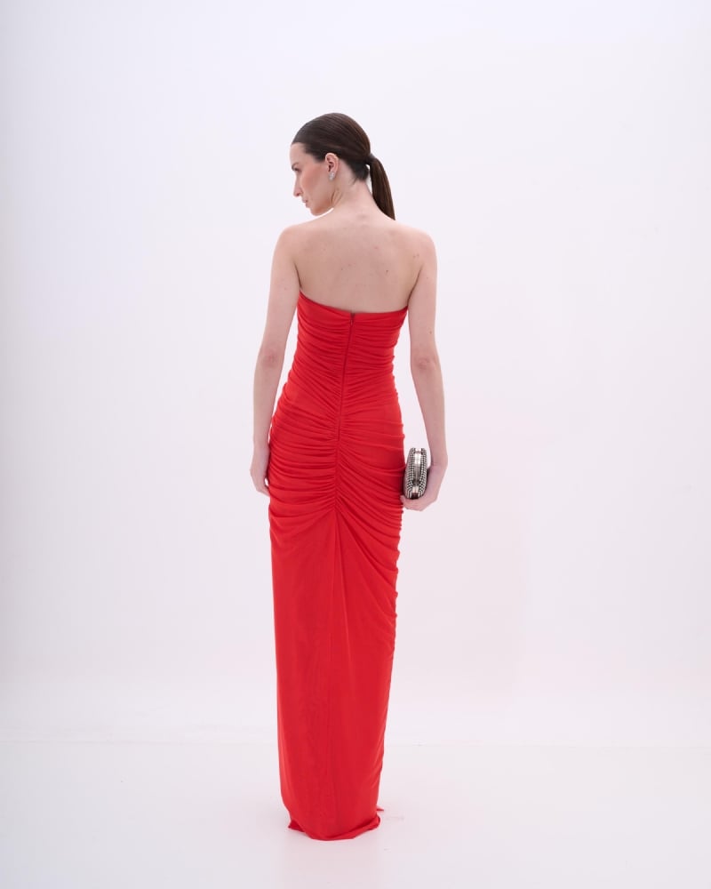 VESTIDO LONGO DRAPEADO COM FAIXA FRONTAL - PRÉ VENDA