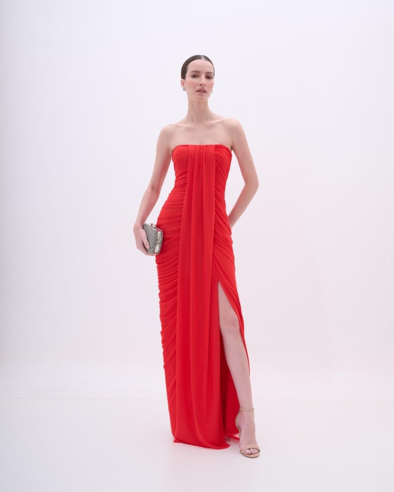 VESTIDO LONGO DRAPEADO COM FAIXA FRONTAL - PRÉ VENDA