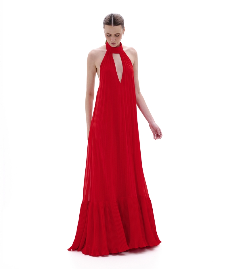VESTIDO LONGO PLISSADO COM GOLA HALTER - PRÉ VENDA