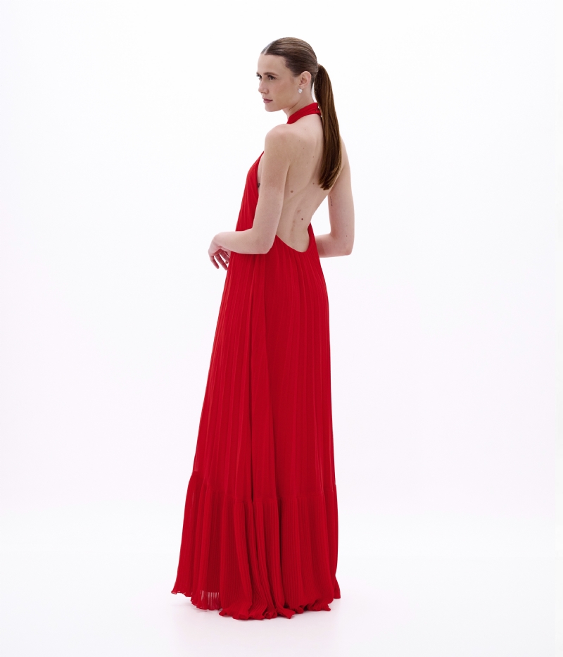 VESTIDO LONGO PLISSADO COM GOLA HALTER - PRÉ VENDA