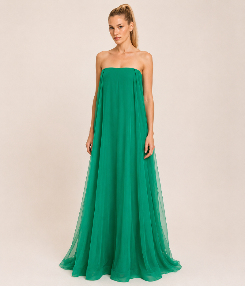 VESTIDO LONGO TOMARA QUE CAIA EM TULE COM SAIA FLUIDA
