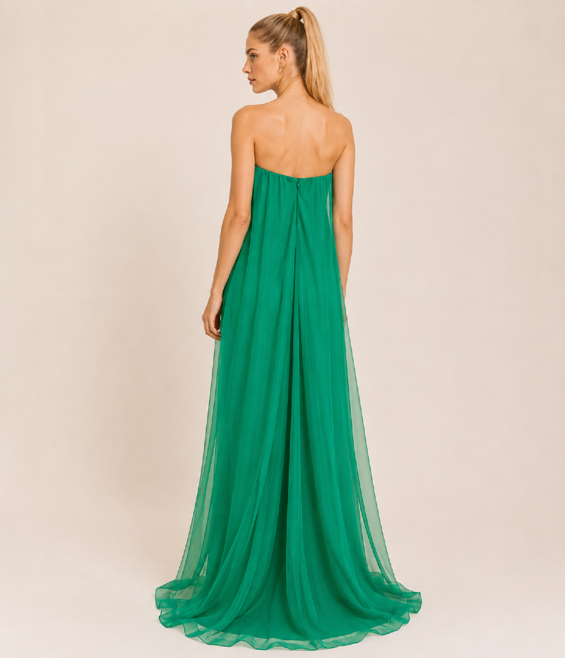 VESTIDO LONGO TOMARA QUE CAIA EM TULE COM SAIA FLUIDA